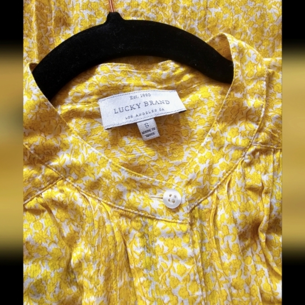 Lucky Brand Floral Yellow White Pintuck Puff Sleeve Button-up Short Sleeve Top